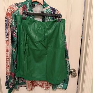 SHEIN Green Leather Skirt and Patterned Blouse Set